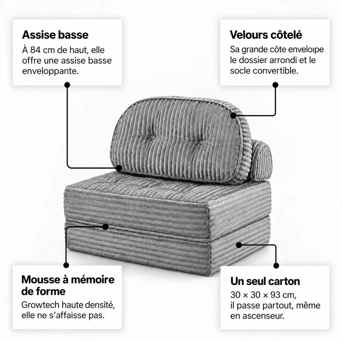 JADE - Chauffeuse 1 Place Convertible Velours